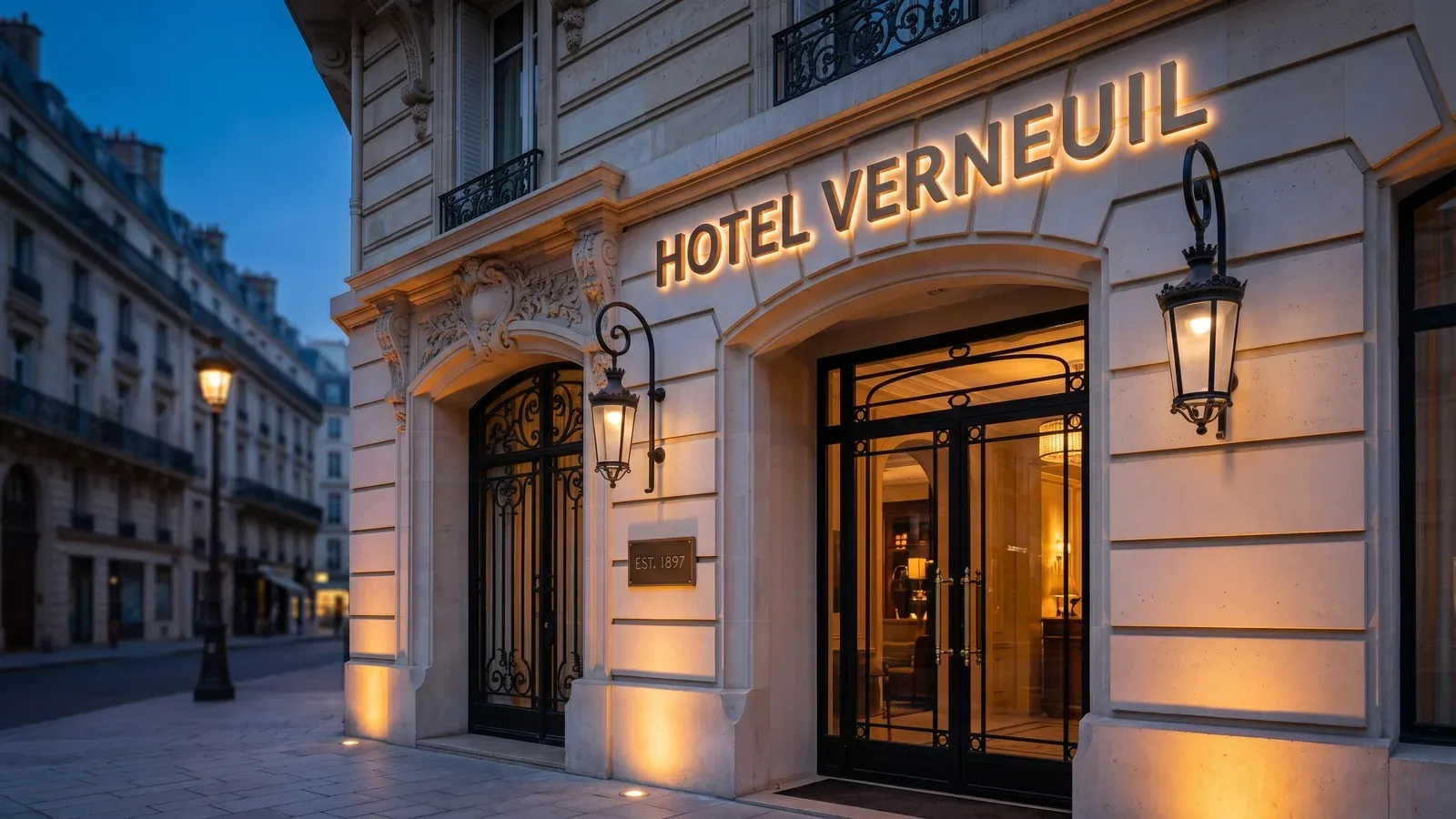 Enseigne hôtel de luxe en lettres bronze brossé backlit sur façade Haussmann parisienne à l'heure bleue