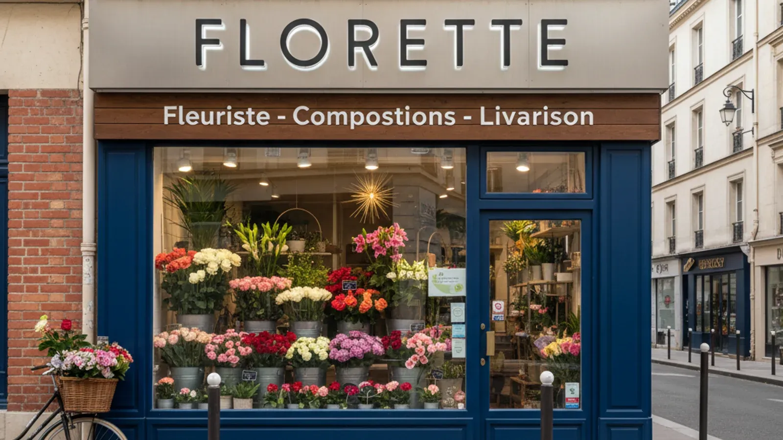 Enseigne lumineuse d'un fleuriste de quartier en lettrage rétroéclairé au-dessus de la vitrine fleurie