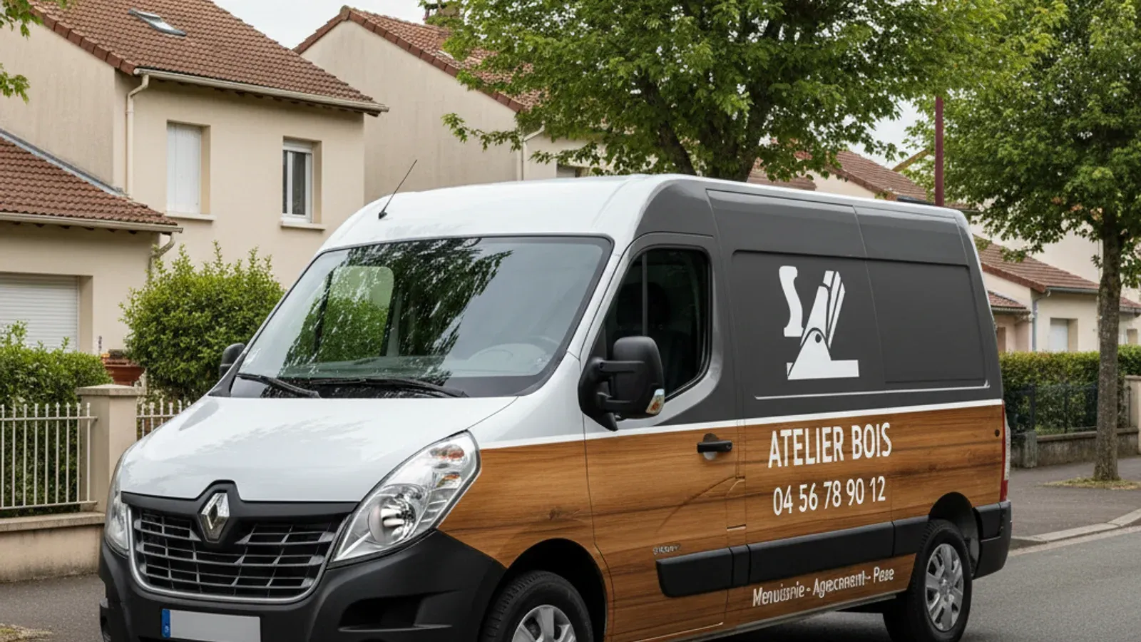 Fourgon de menuiserie habillé en livery intégrale bois et charbon avec logo et coordonnées, garé dans une rue pavillonnaire