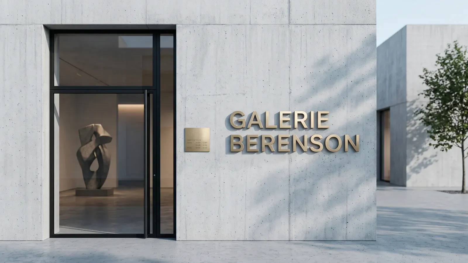 Enseigne galerie d'art contemporain en lettres laiton massif stand-off sur façade béton brut minimaliste
