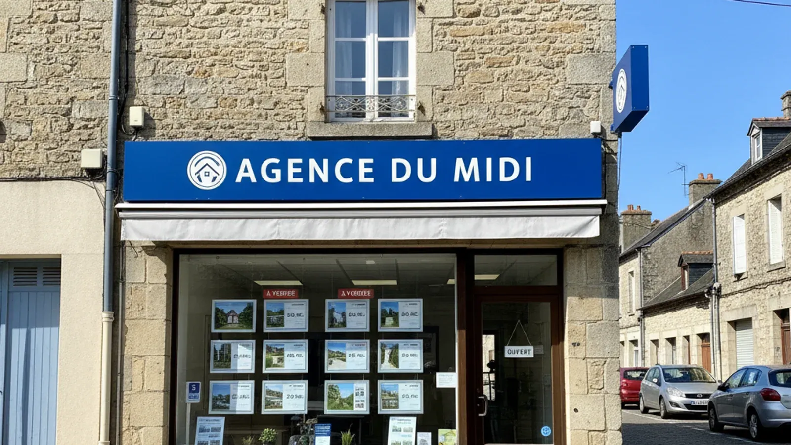 Enseigne bandeau lumineux d'une agence immobilière de quartier avec logo et nom, vitrine d'annonces