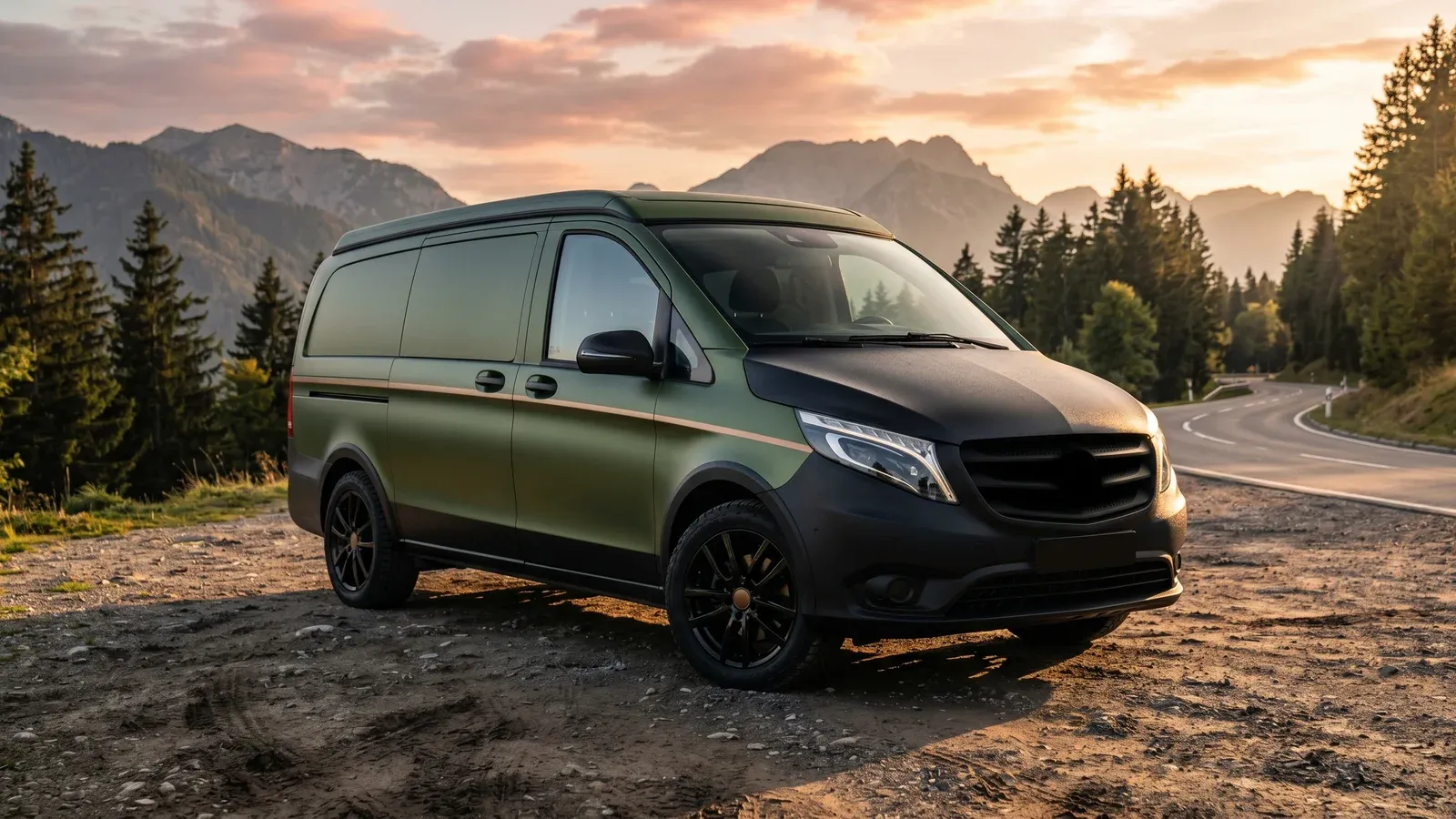 Covering van premium aménagé en vert forêt satin avec masque noir, panorama montagne sunset