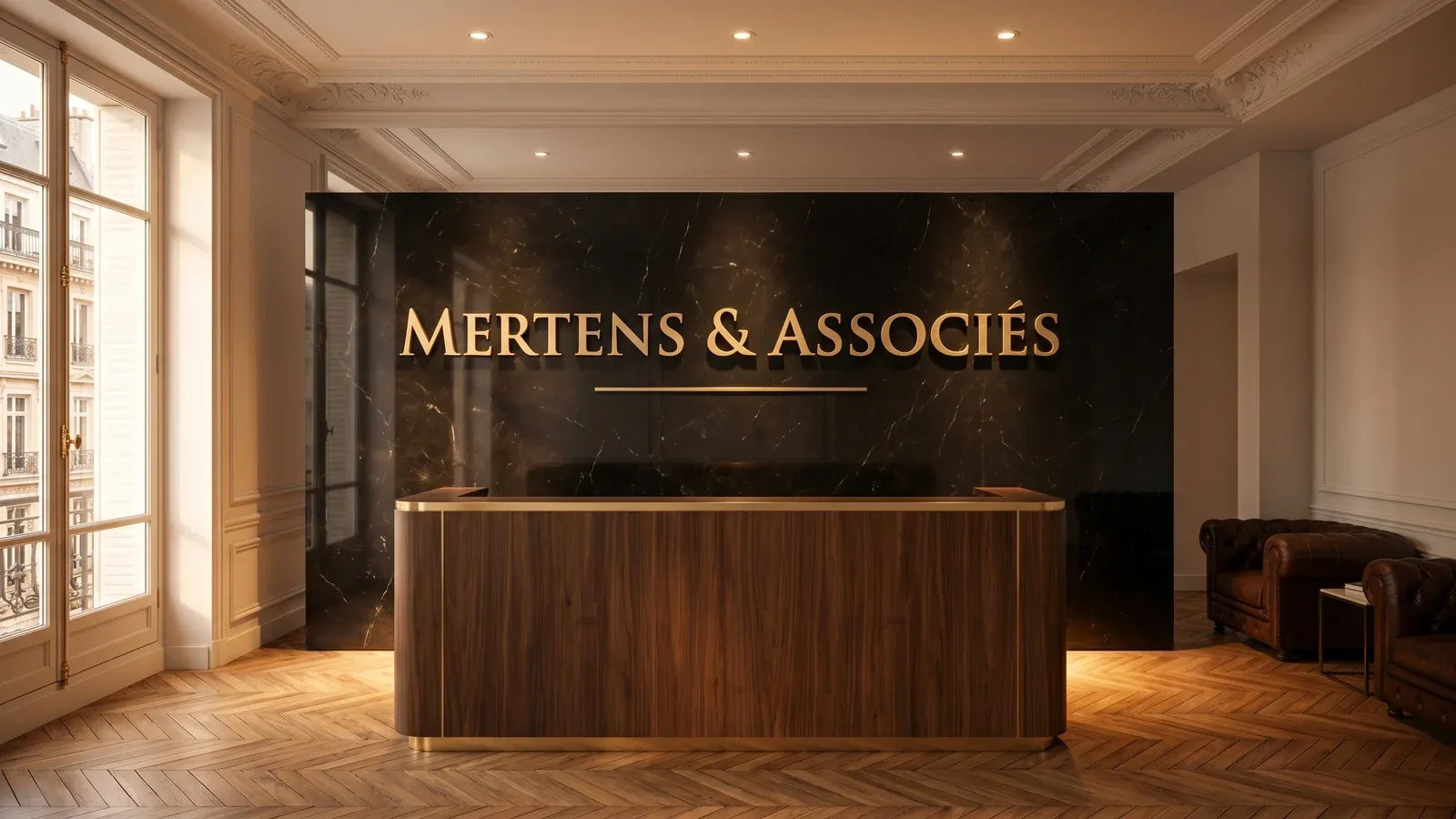 Signalétique intérieure cabinet d'avocats en lettres champagne sur marbre noir, lobby tertiaire haussmannien