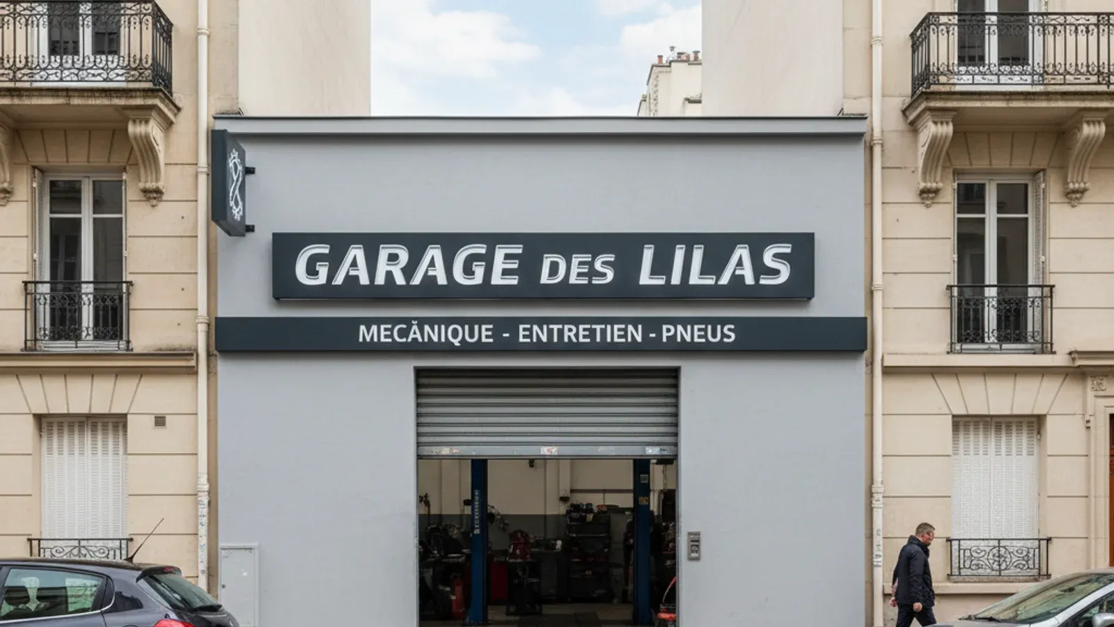 Enseigne lumineuse d'un garage automobile de quartier avec nom et bandeau de services, rideau ouvert sur l'atelier