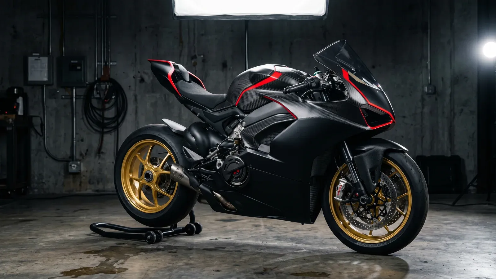 Covering moto sport premium noir mat avec accents rouges, atelier industriel béton brut