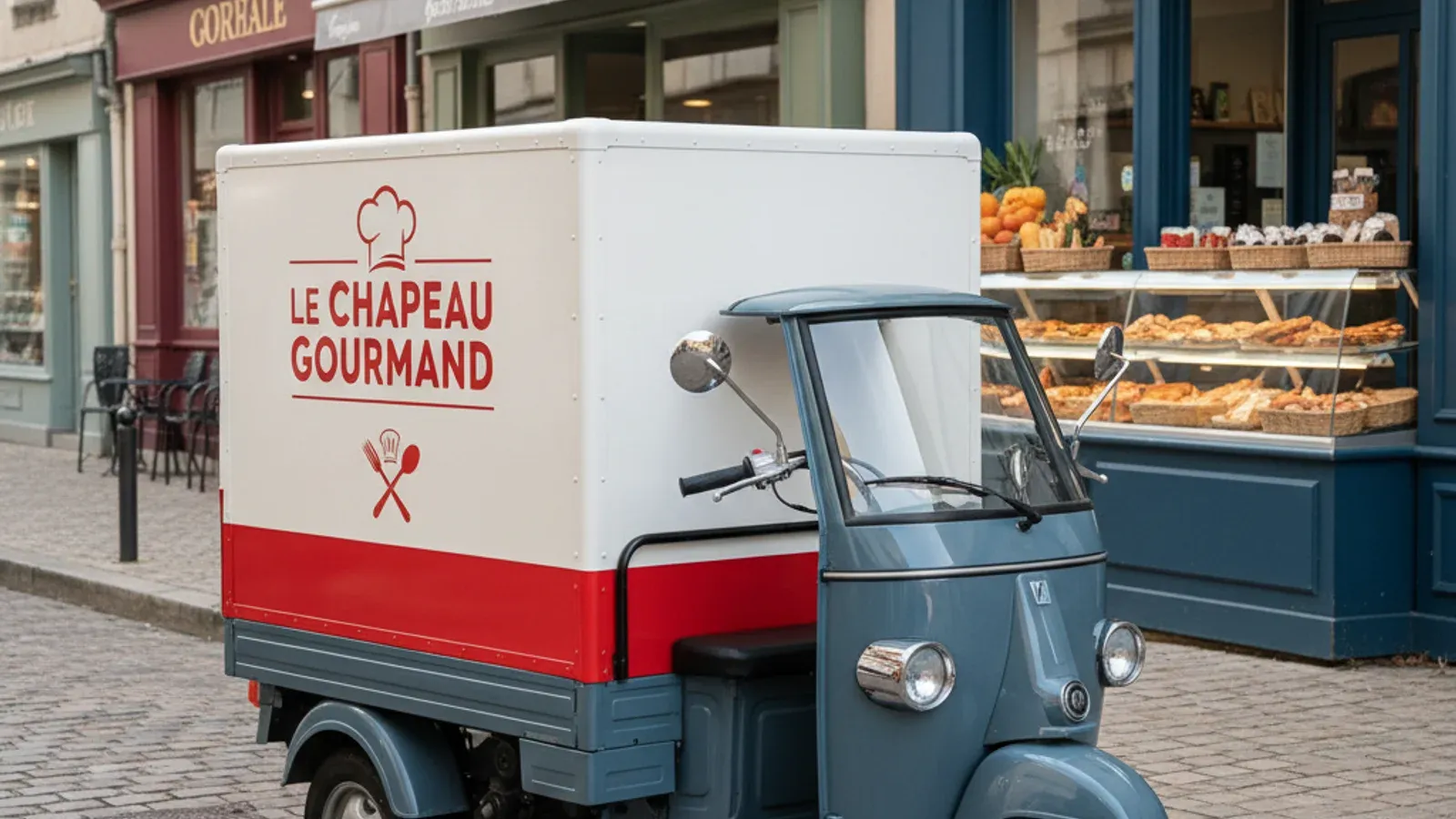 Triporteur de livraison de repas avec caisson habillé en rouge et crème au nom du commerce, devant une boutique