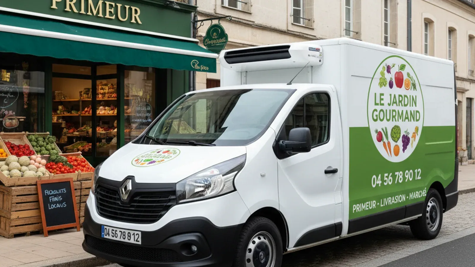 Camionnette frigorifique de primeur habillée en vert et blanc avec logo et métier, garée devant la boutique