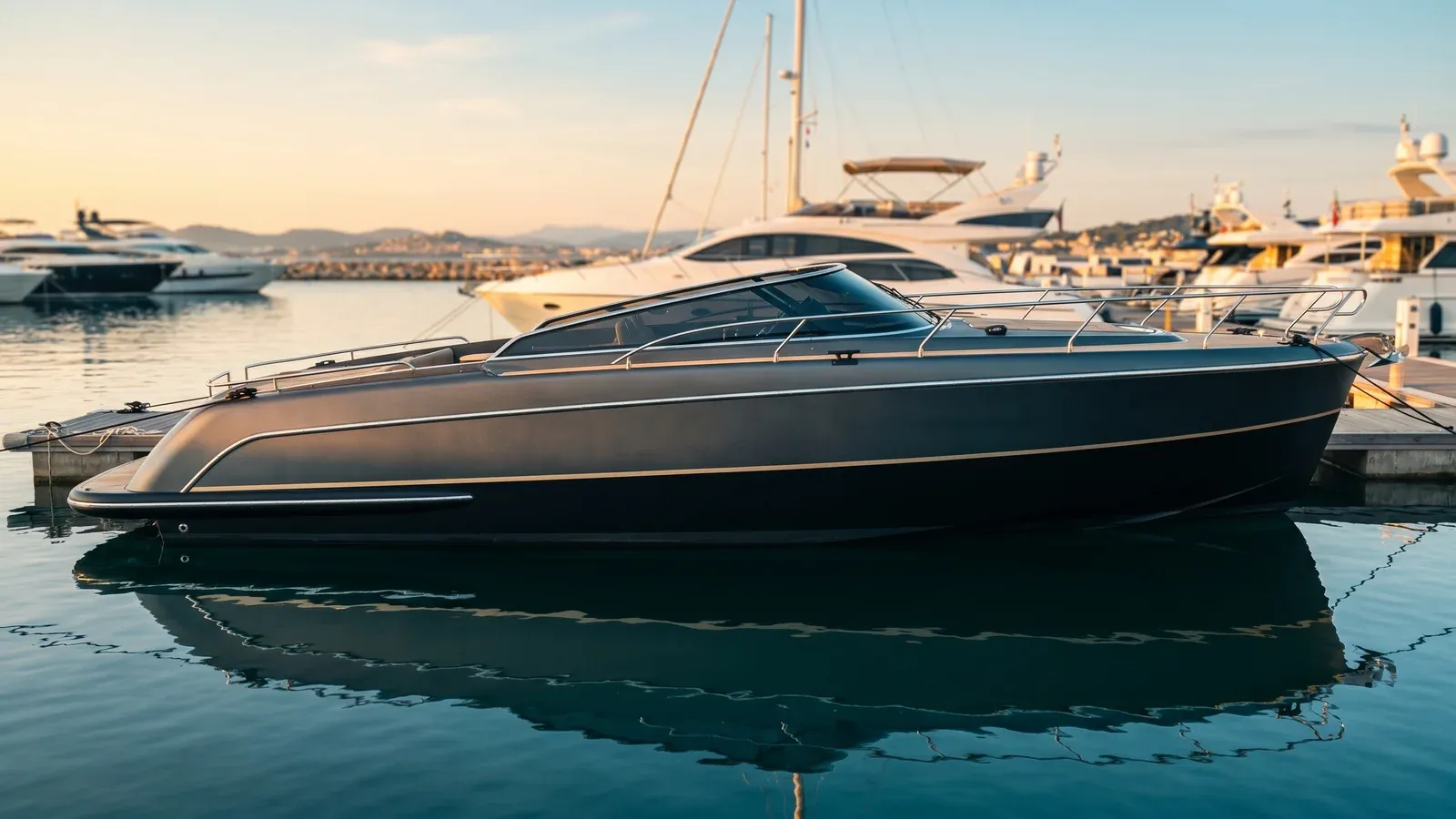 Covering coque yacht 12m en anthracite mat avec liseré doré waterline, marina méditerranéenne aube