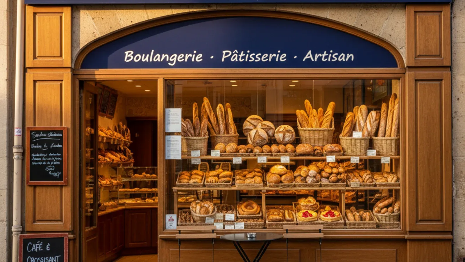 Enseigne lumineuse d'une boulangerie-pâtisserie de quartier avec lettrage doré, vitrine de pains et viennoiseries