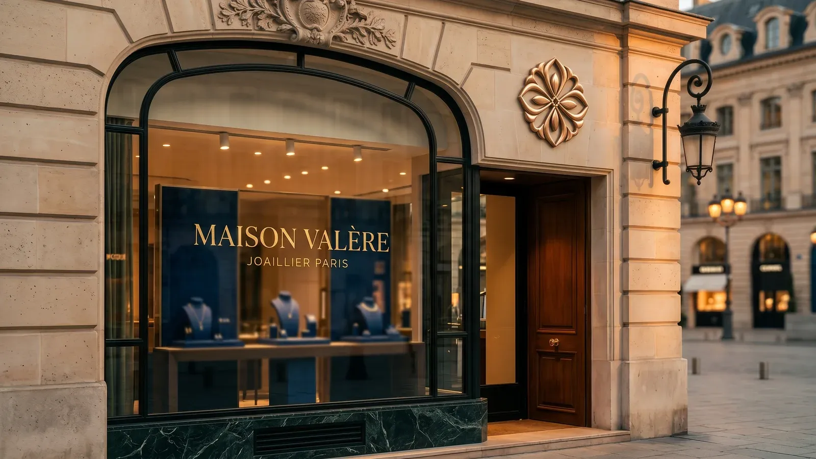 Vitrine joaillerie haut de gamme avec lettrage gold leaf et emblème bronze floral sculpté, style Place Vendôme