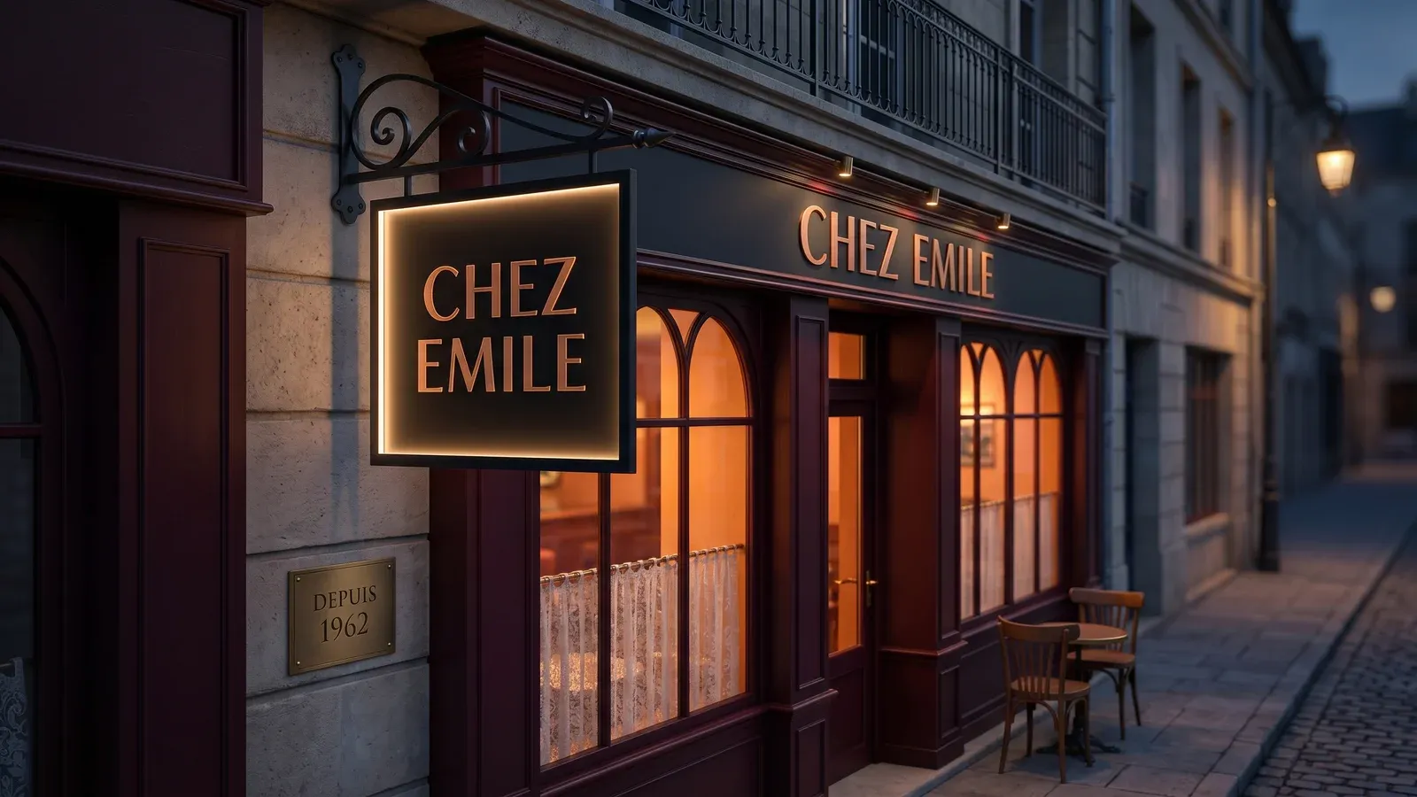 Restaurant étoilé avec flag sign projetant en lettres cuivrées rétroéclairées, rue pavée Paris à l'heure bleue