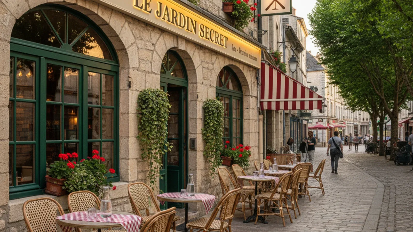 Enseigne drapeau et bandeau lumineux d'une brasserie de quartier avec terrasse sur la rue