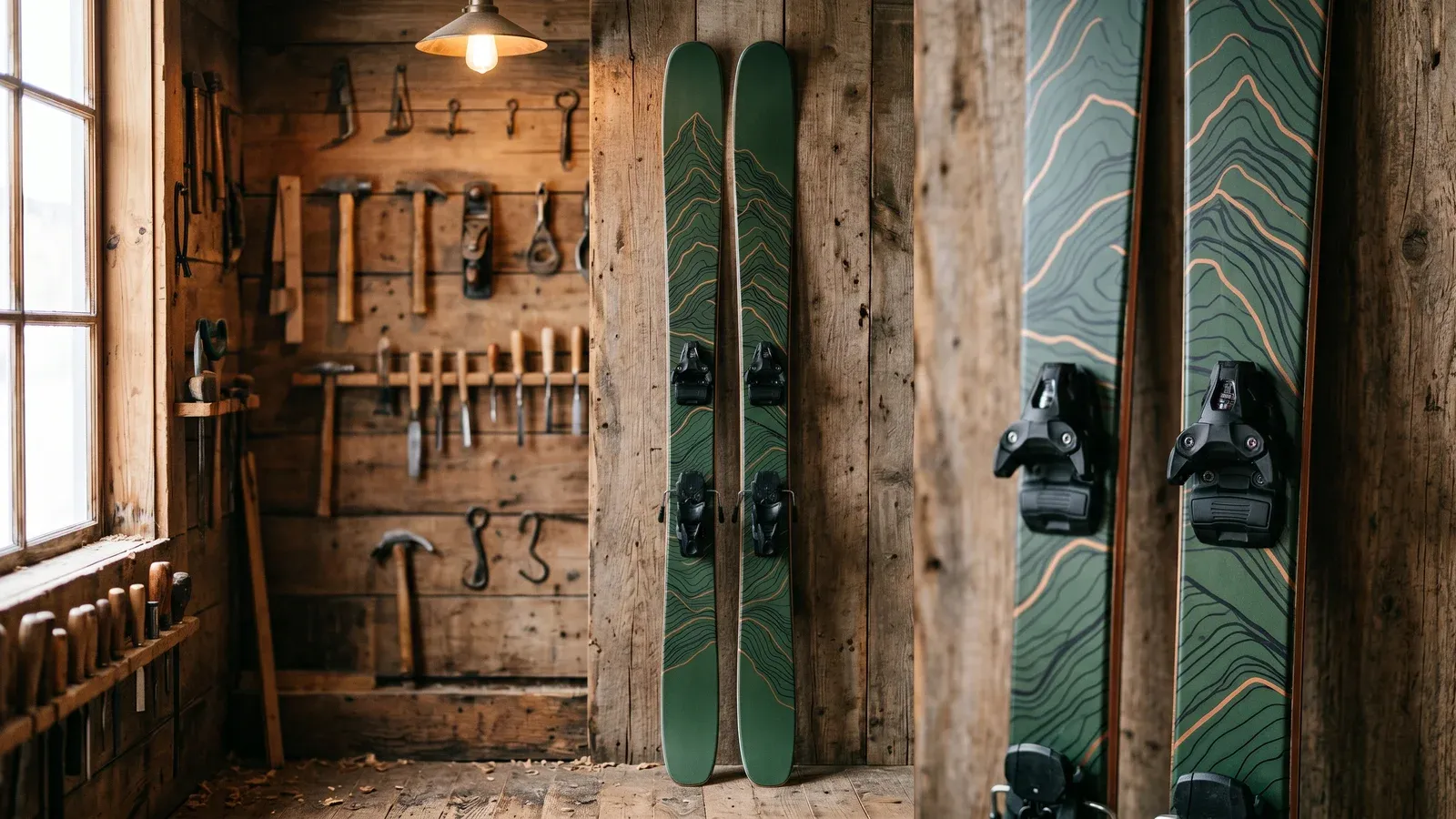 Skis freeride custom avec wrap graphique artistique vert et cuivre, atelier bois artisanal