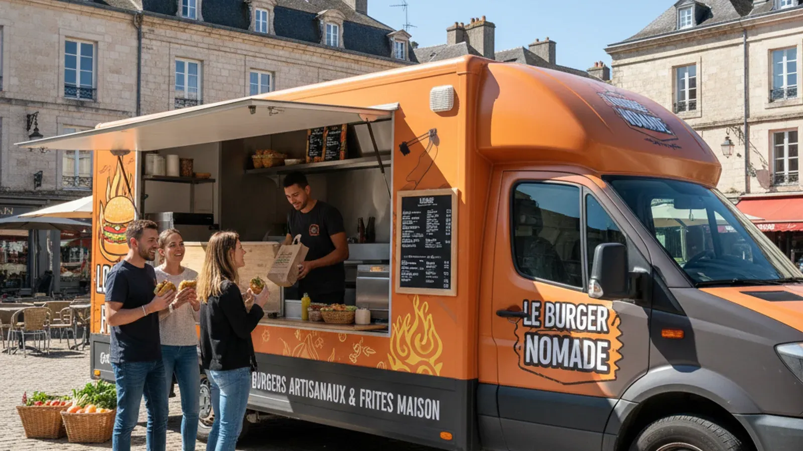Food-truck de street-food habillé en orange et charbon, volet de service ouvert sur la place du village