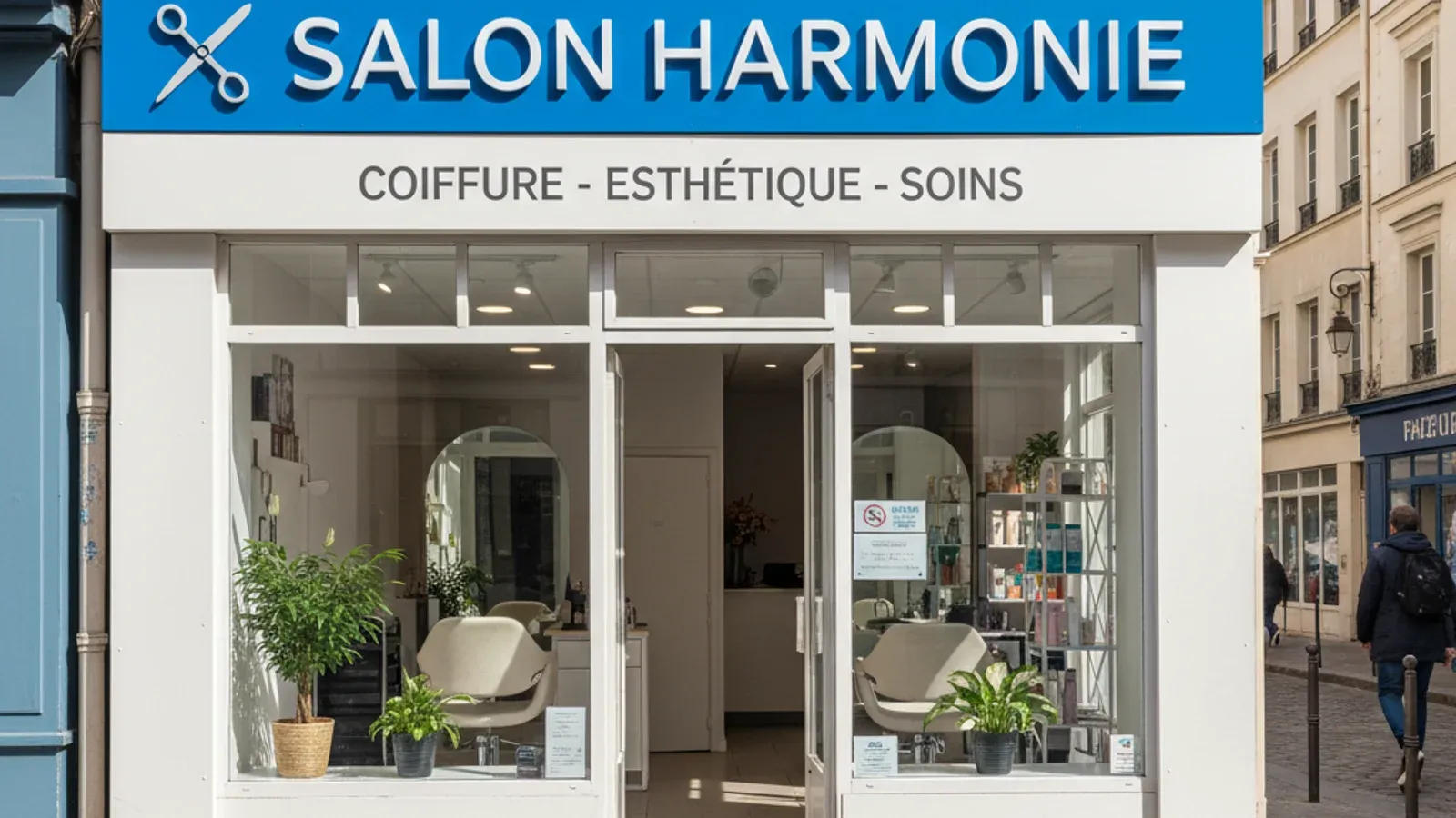 Enseigne lumineuse d'un salon de coiffure et institut de beauté avec bandeau de services, devanture vitrée