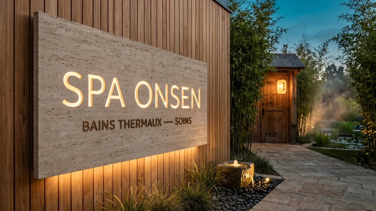 Entrée spa haut de gamme avec panneau pierre naturelle backlit sur bardage teck vertical et jardin zen