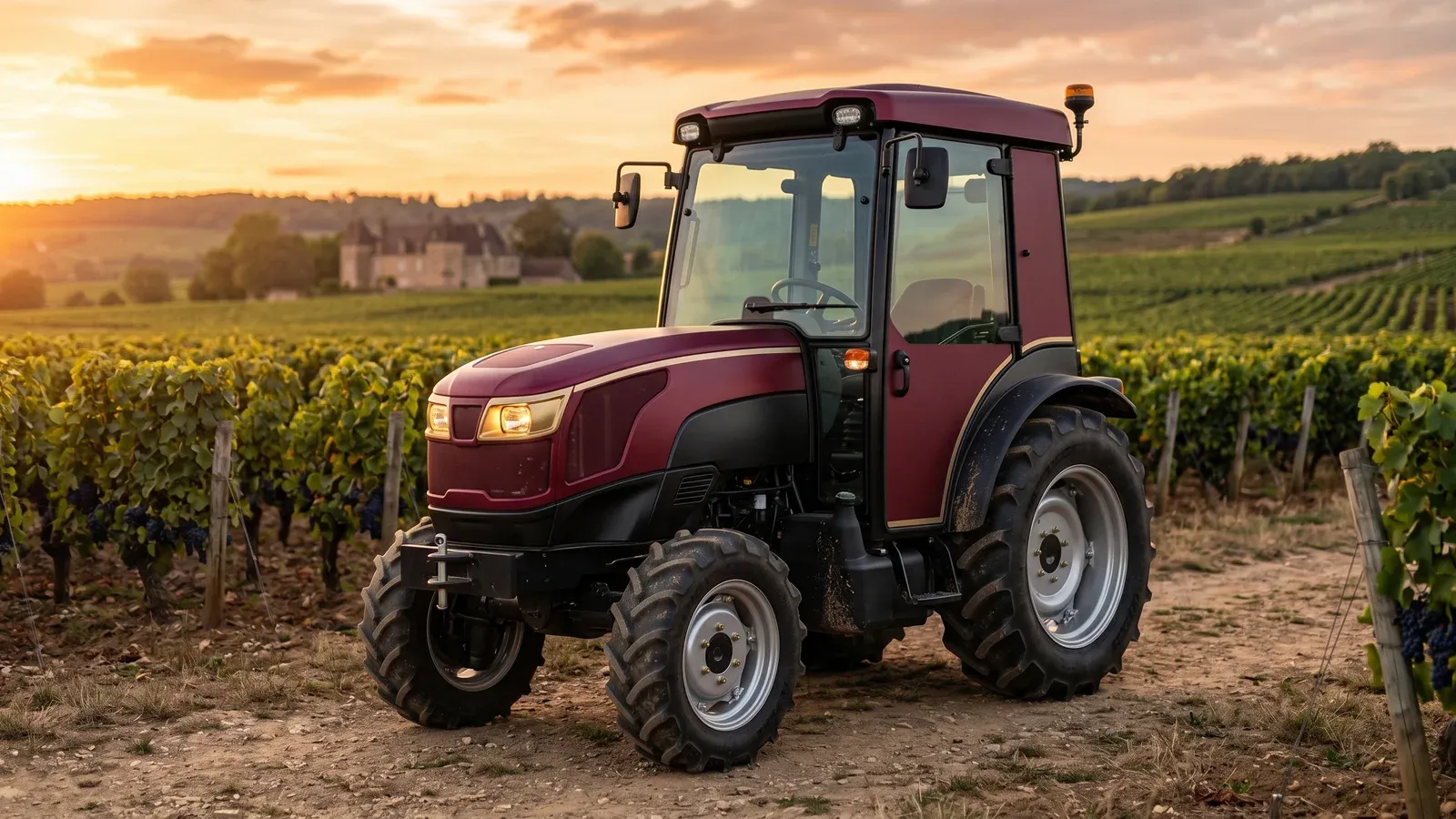 Tracteur viticole custom en bordeaux, vignoble de Bourgogne golden hour avec château