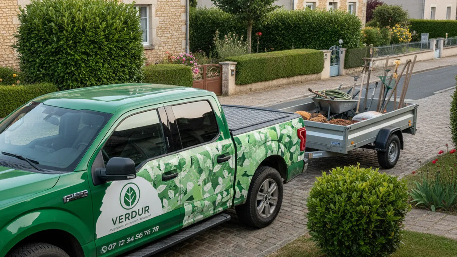 Pickup et remorque de paysagiste habillés en vert feuillage avec logo et nom, dans une rue résidentielle