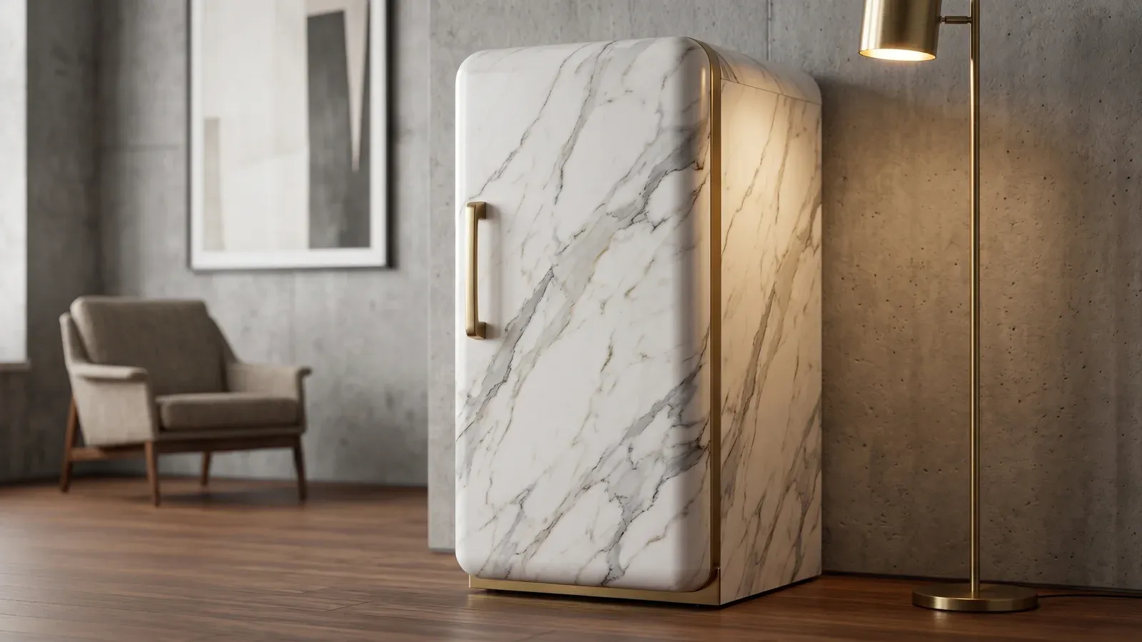 Frigo vintage habillé d'un wrap marbre Calacatta, loft design avec béton brut et lampe laiton