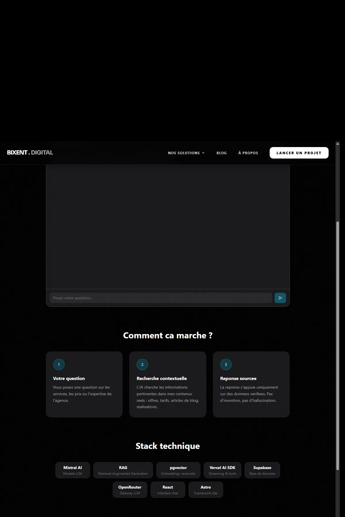 Aperçu de la page assistant du chatbot RAG de Bixent Digital — zone de conversation, stack technique Mistral, Supabase pgvector, Vercel AI SDK, OpenRouter