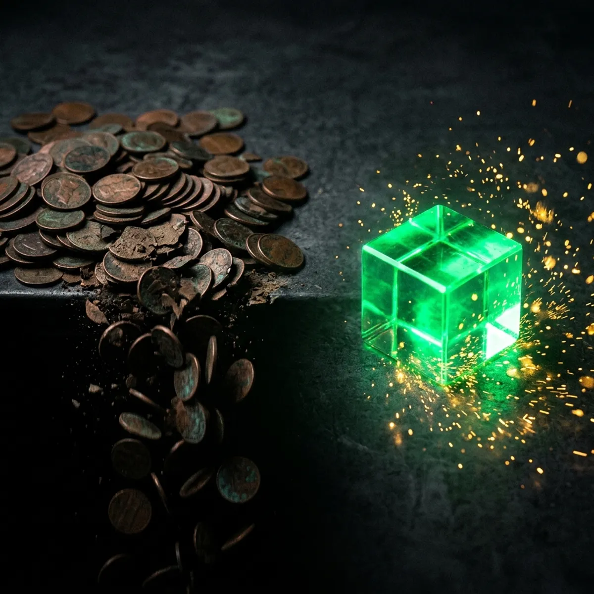Illustration metaphorique : pieces de monnaie qui s'effritent dans l'ombre versus un cube emeraude lumineux generant de la valeur