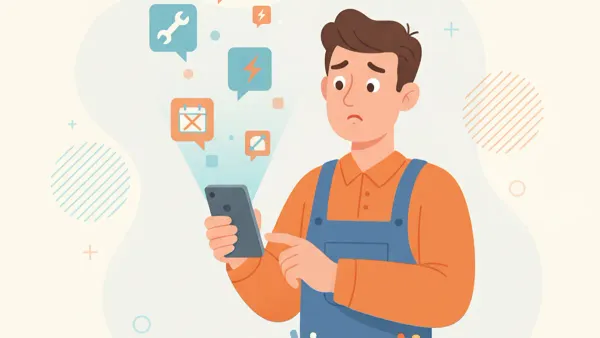 Artisan regardant son telephone avec des opportunites clients qui s'envolent sous forme de notifications