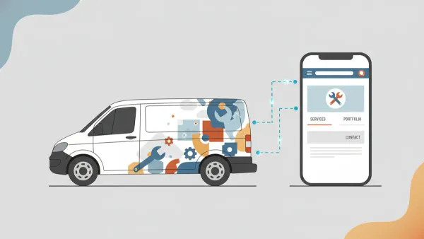 Utilitaire d'artisan avec covering professionnel stationné devant un écran affichant son site web