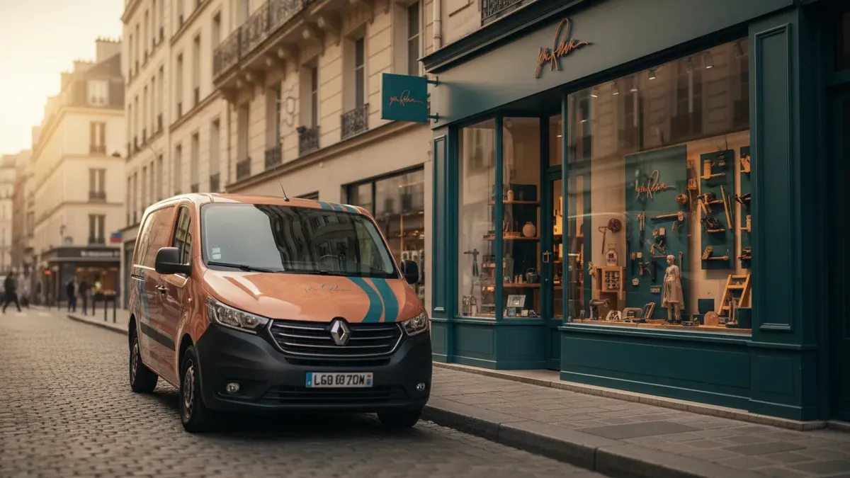 Camion utilitaire d'artisan avec covering professionnel devant la vitrine d'une boutique partageant la même charte visuelle