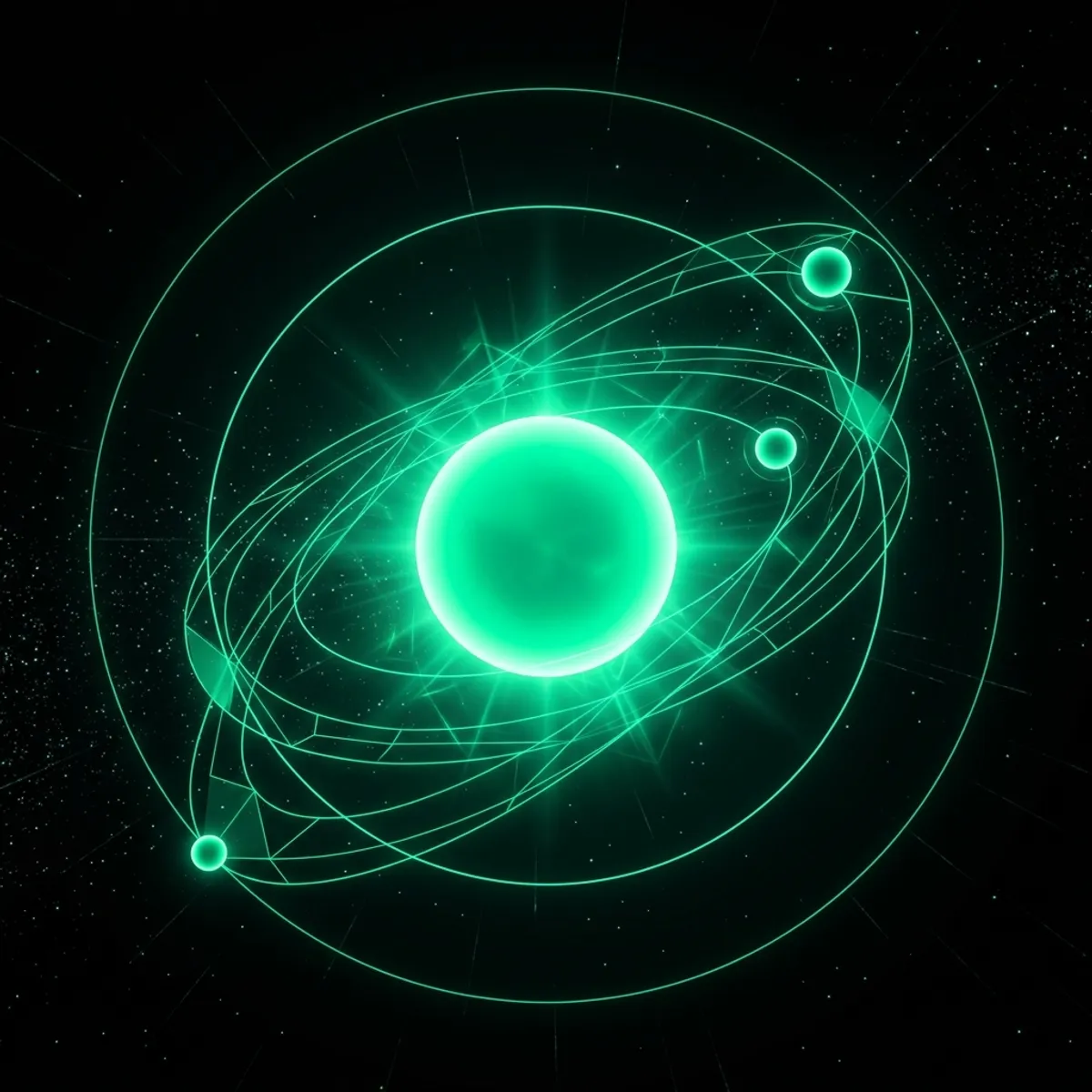 Systeme solaire abstrait : le site web au centre irradiant de lumiere emeraude, avec la fiche Google et Facebook en satellites