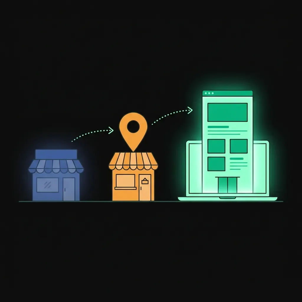 Comparaison visuelle Facebook, fiche Google et site web professionnel — hierarchie de la presence digitale pour artisans