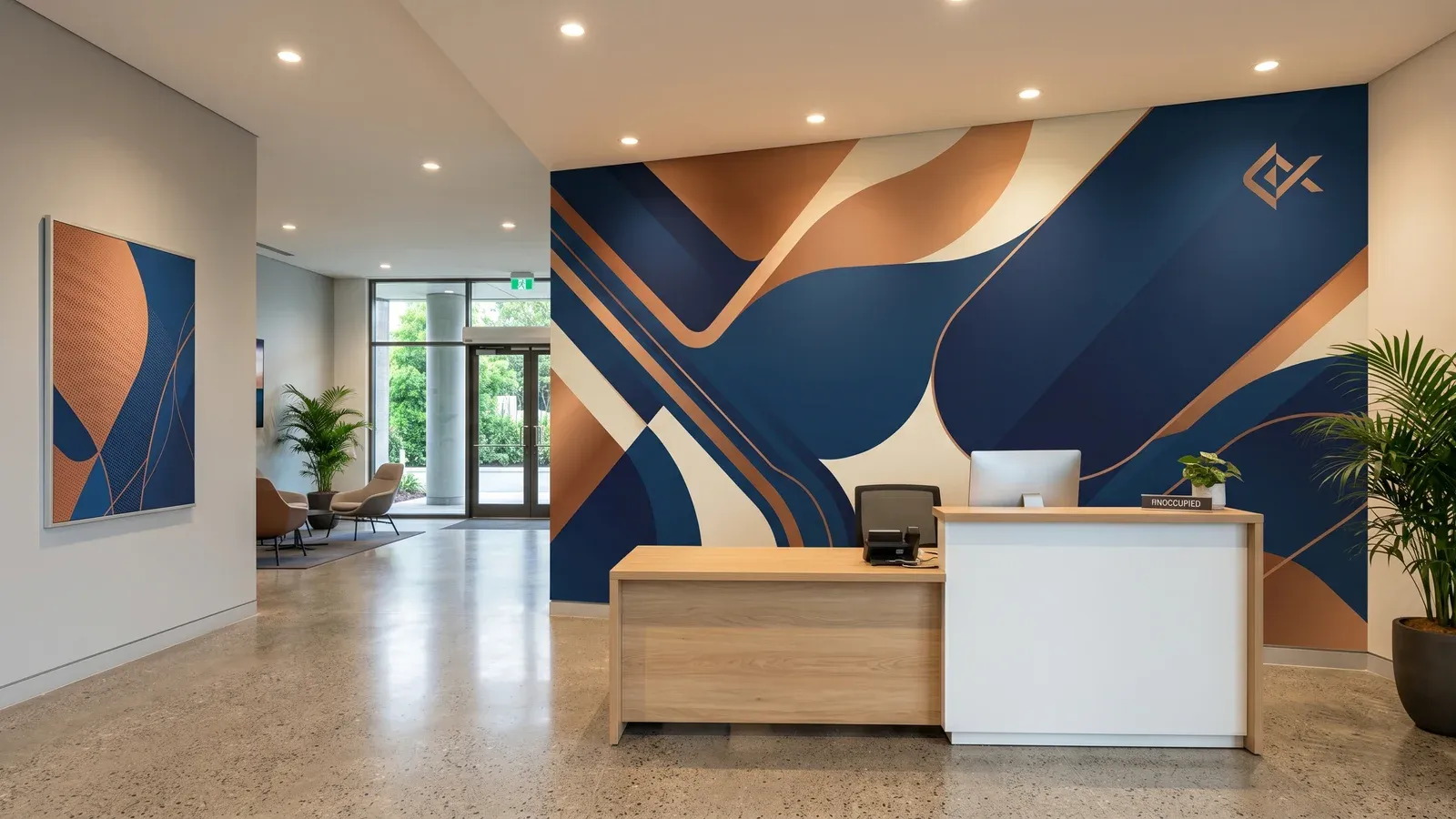Adhésif mural wallprint grand format dans un hall d'accueil — décoration intérieure professionnelle