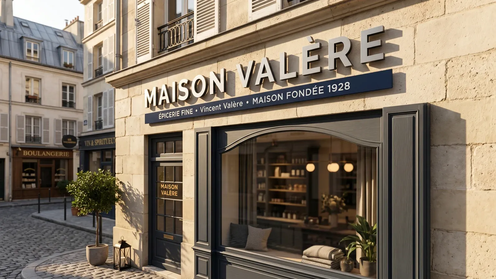 Enseigne façade en lettres découpées aluminium sur entretoises — relief et ombres portées sur pierre