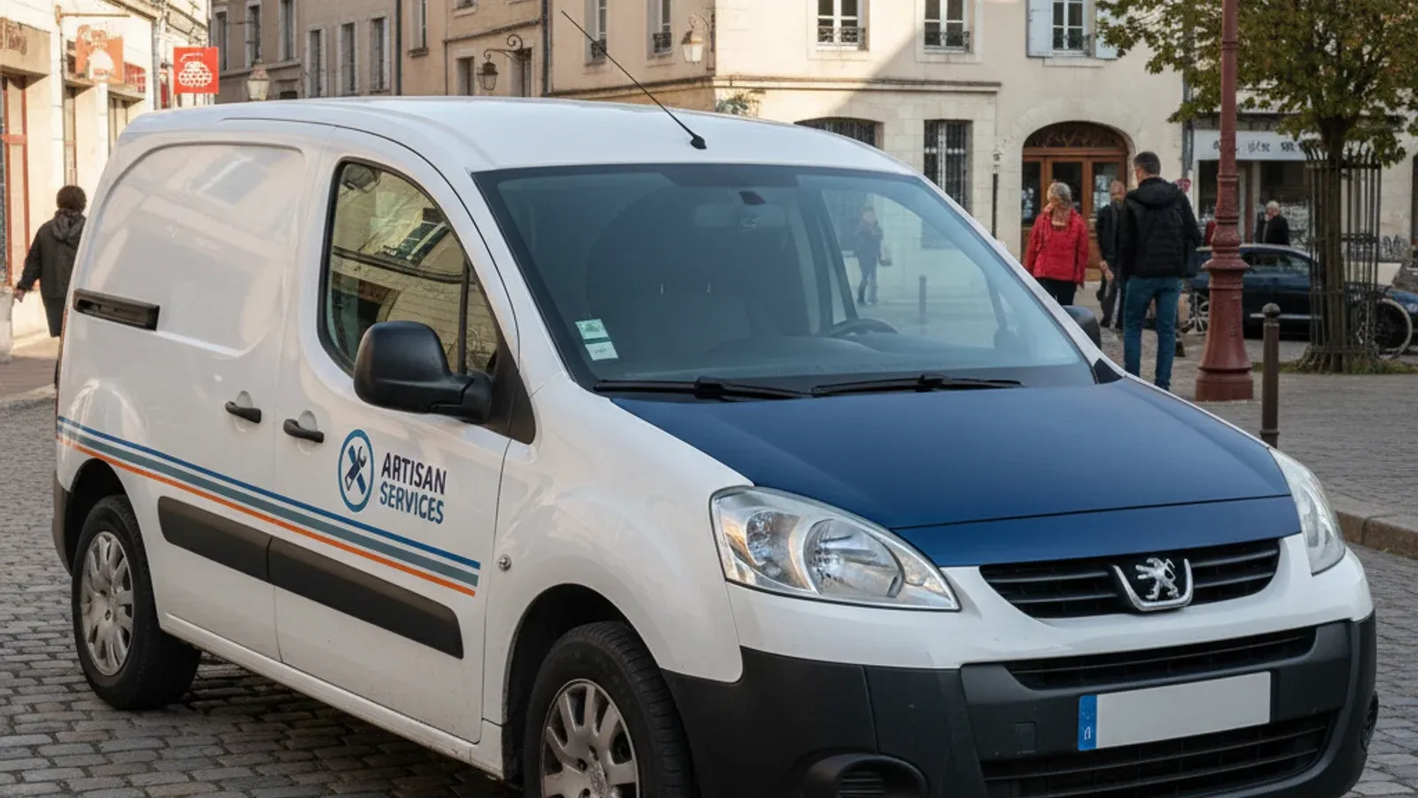 Covering partiel sur utilitaire artisan — capot bleu et bande graphique le long de la carrosserie, avec logo et nom sur la portière