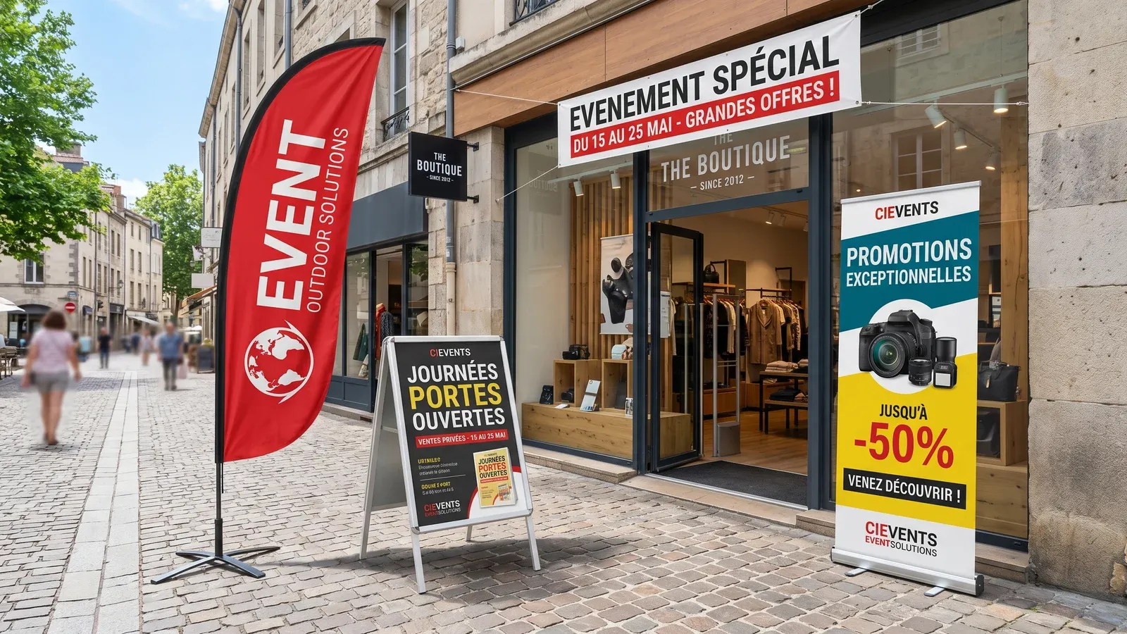 PLV événementielle devant un commerce — beach-flag, stop-trottoir et kakémono roll-up