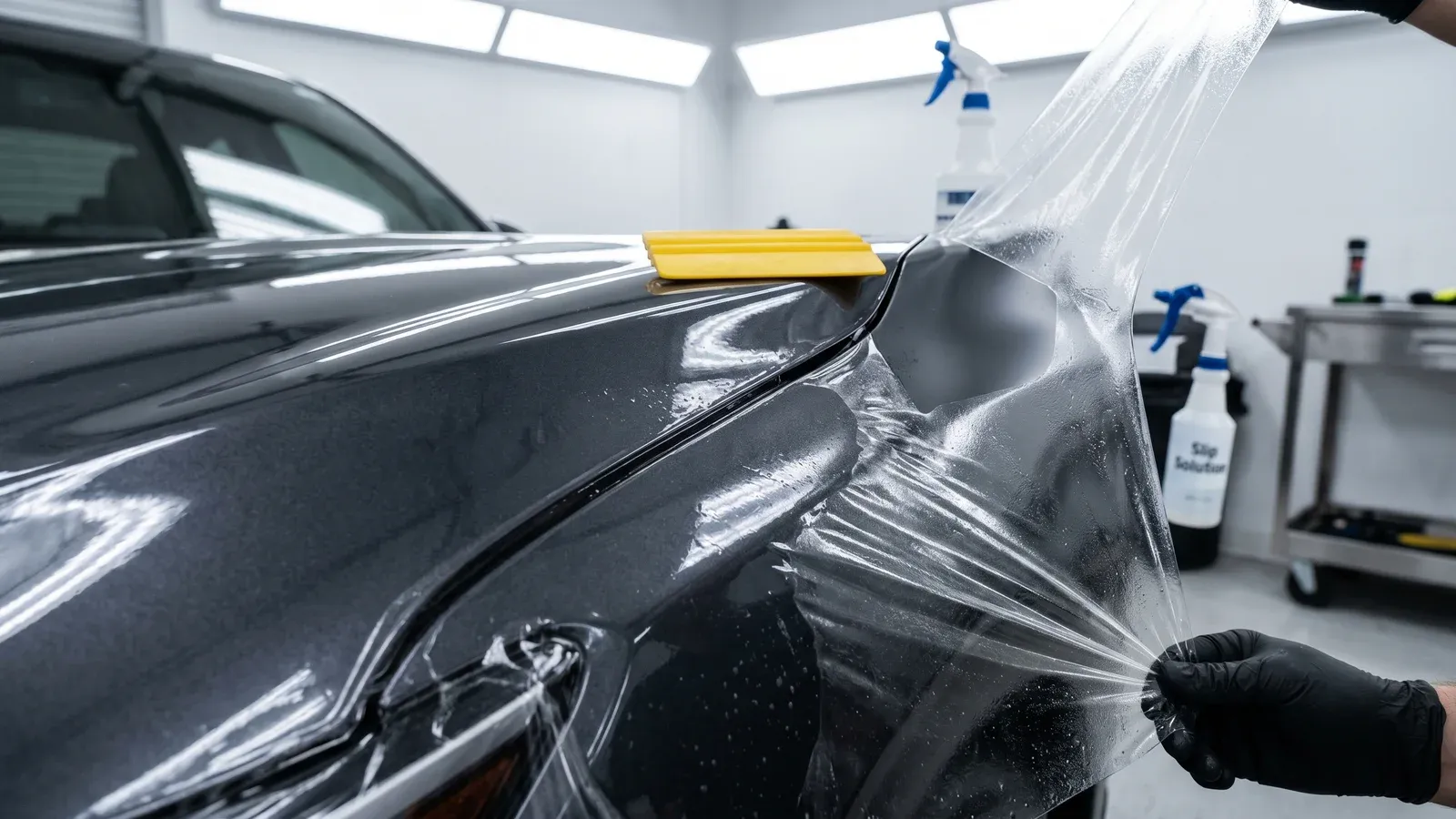 Application de film PPF transparent sur carrosserie — squeegee et bord du film visible en gros plan