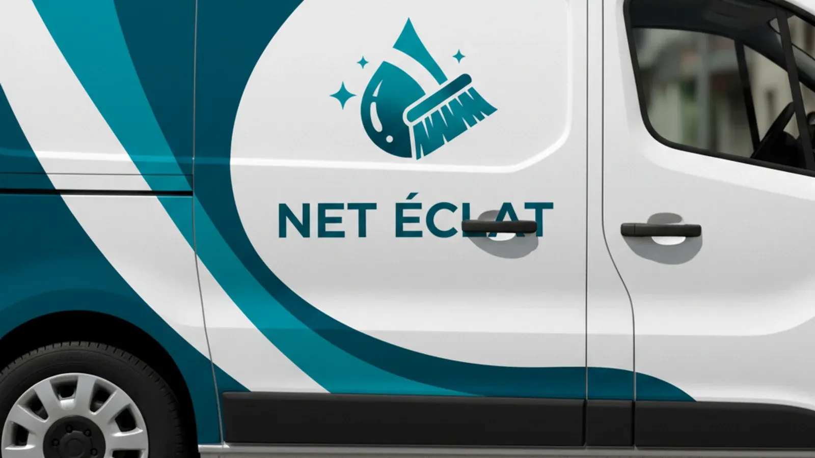 Total covering sur utilitaire — habillage intégral teal d'une société de nettoyage avec logo et nom de marque