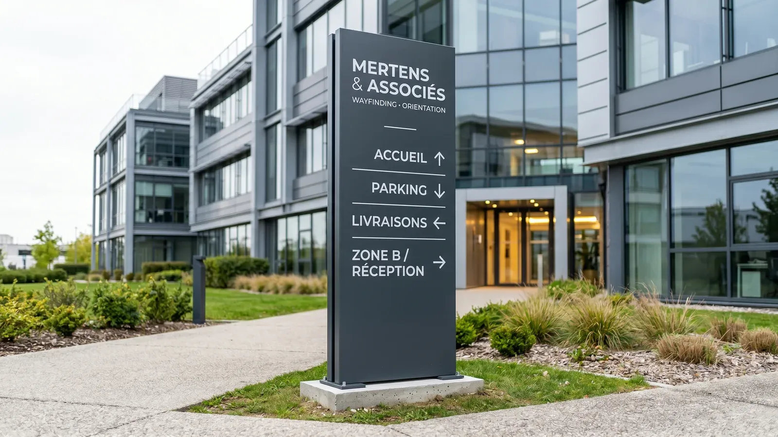 Totem directionnel dibond anthracite devant un immeuble de bureaux — signalétique extérieure