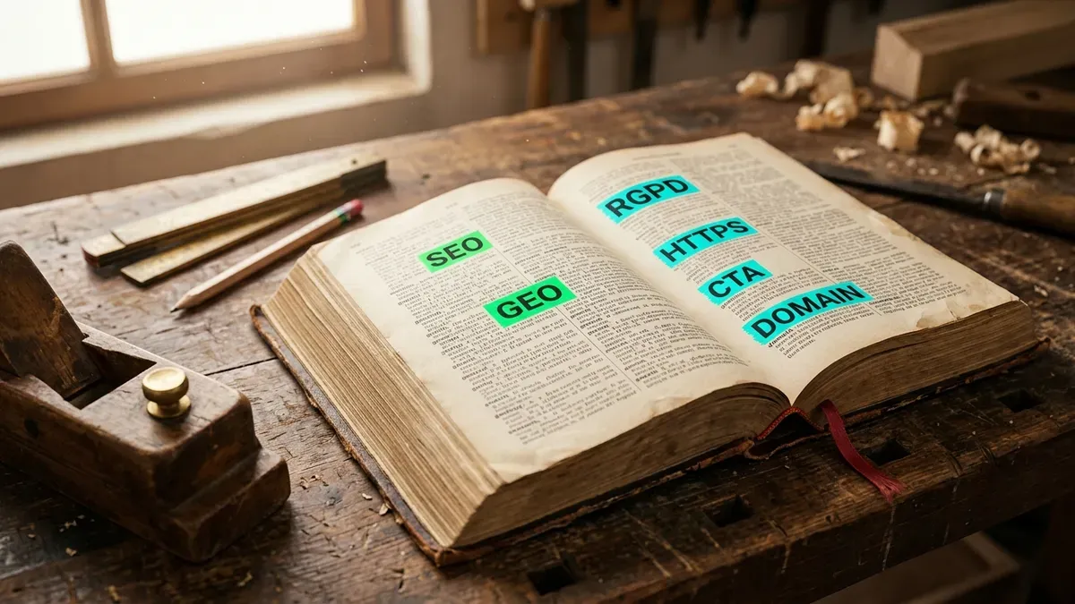 Dictionnaire ouvert avec termes du web surlignés, posé sur un établi d'artisan avec outils en arrière-plan