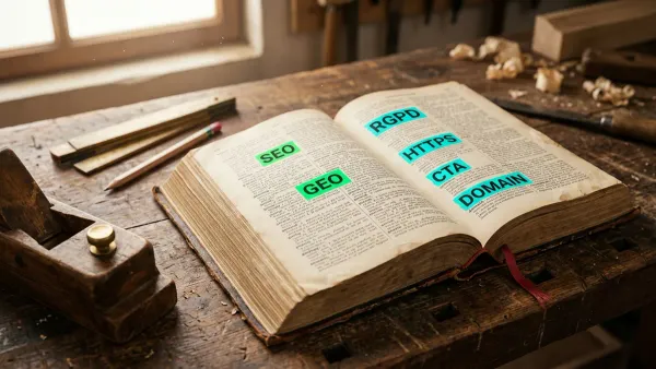 Dictionnaire ouvert avec termes du web surlignés, posé sur un établi d'artisan avec outils en arrière-plan