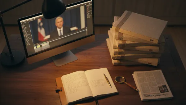 Bureau en bois chaud éclairé par une lampe d'architecte, monitor affichant le montage d'une conversation politique filmée, pile de rapports institutionnels à tranches textile, carnet manuscrit ouvert avec stylo et loupe en laiton, journal plié — ambiance observateur-praticien