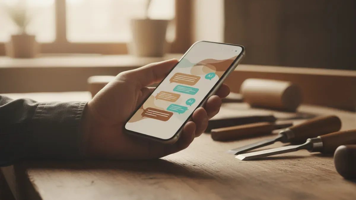 Main d'artisan tenant un smartphone affichant une interface de chat IA, sur un établi avec outils en arrière-plan