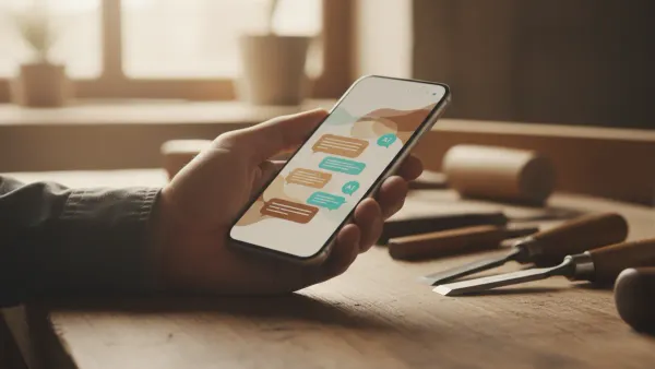 Main d'artisan tenant un smartphone affichant une interface de chat IA, sur un établi avec outils en arrière-plan