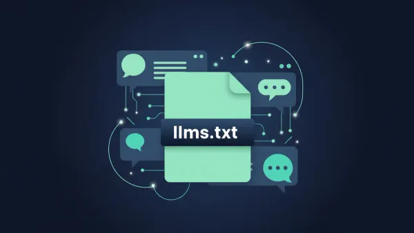 Fichier llms.txt vert mint au centre entouré d'interfaces de chat IA et de circuits neuronaux