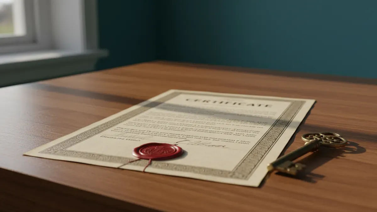 Certificat papier officiel avec sceau de cire rouge et clé en laiton patiné, symbolisant la propriété d'un nom de domaine