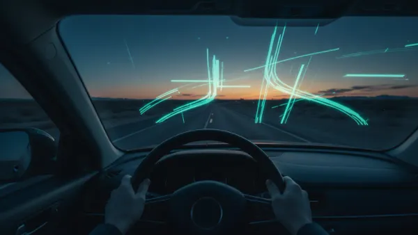 Vue depuis le poste de conduite d'une voiture sur une route ouverte au crépuscule, symbole de la maîtrise d'un outil