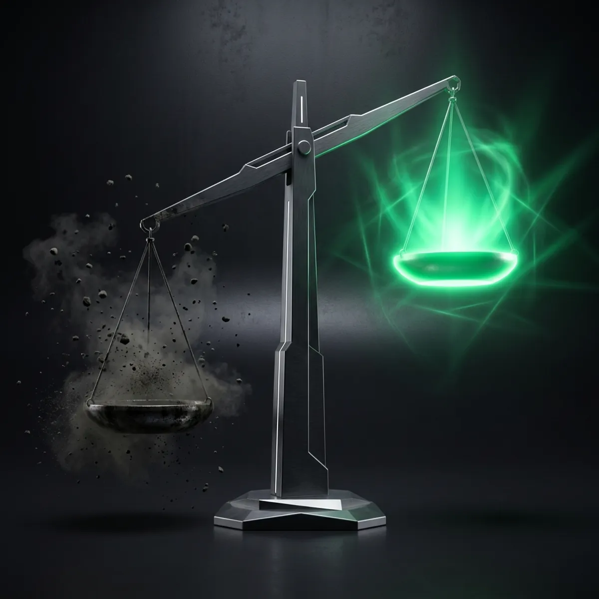 Balance futuriste asymetrique : le plateau gauche surchage et sombre versus le plateau droit lumineux emeraude — faire soi-meme vs deleguer