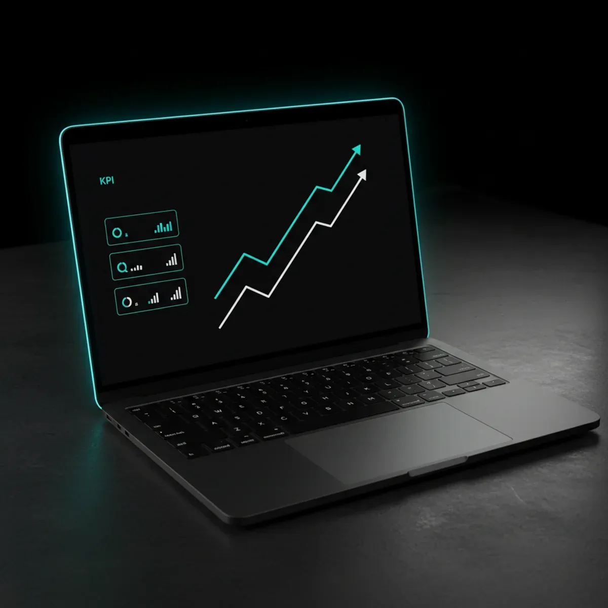 MacBook affichant un pitch deck B2B — KPI et graphiques, design Bixent Studio