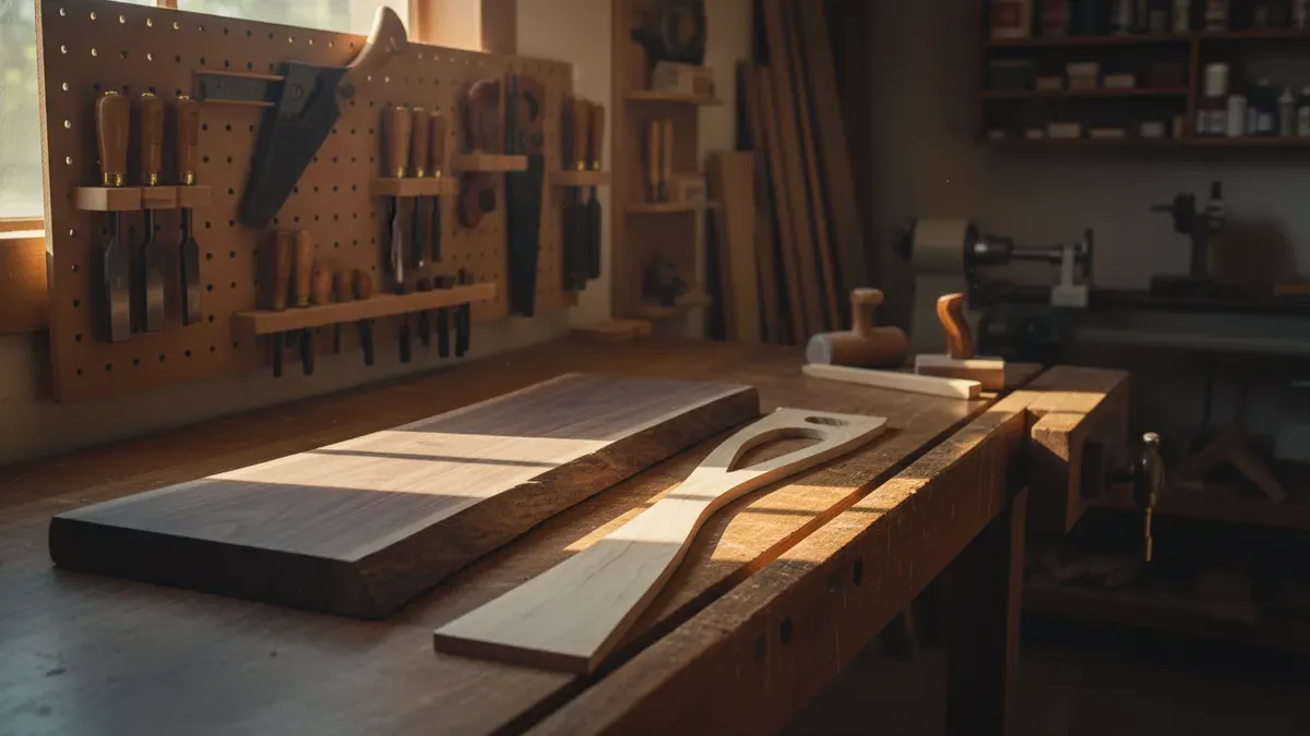 Atelier d'ébénisterie avec deux planches de bois côte à côte, l'une brute et lourde, l'autre fine et élégante, symbolisant le choix entre WordPress et Astro