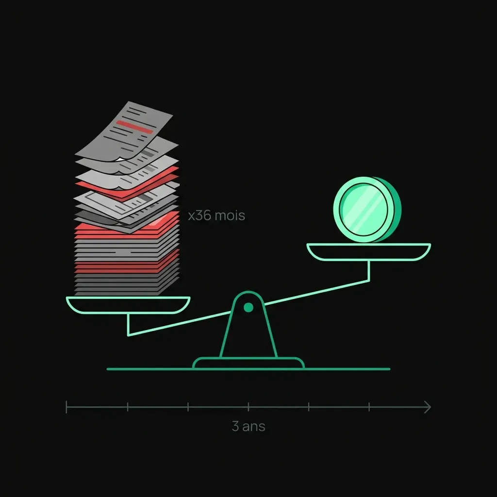 Balance comparant le cout d'un abonnement SaaS sur 3 ans versus un paiement unique pour un site professionnel