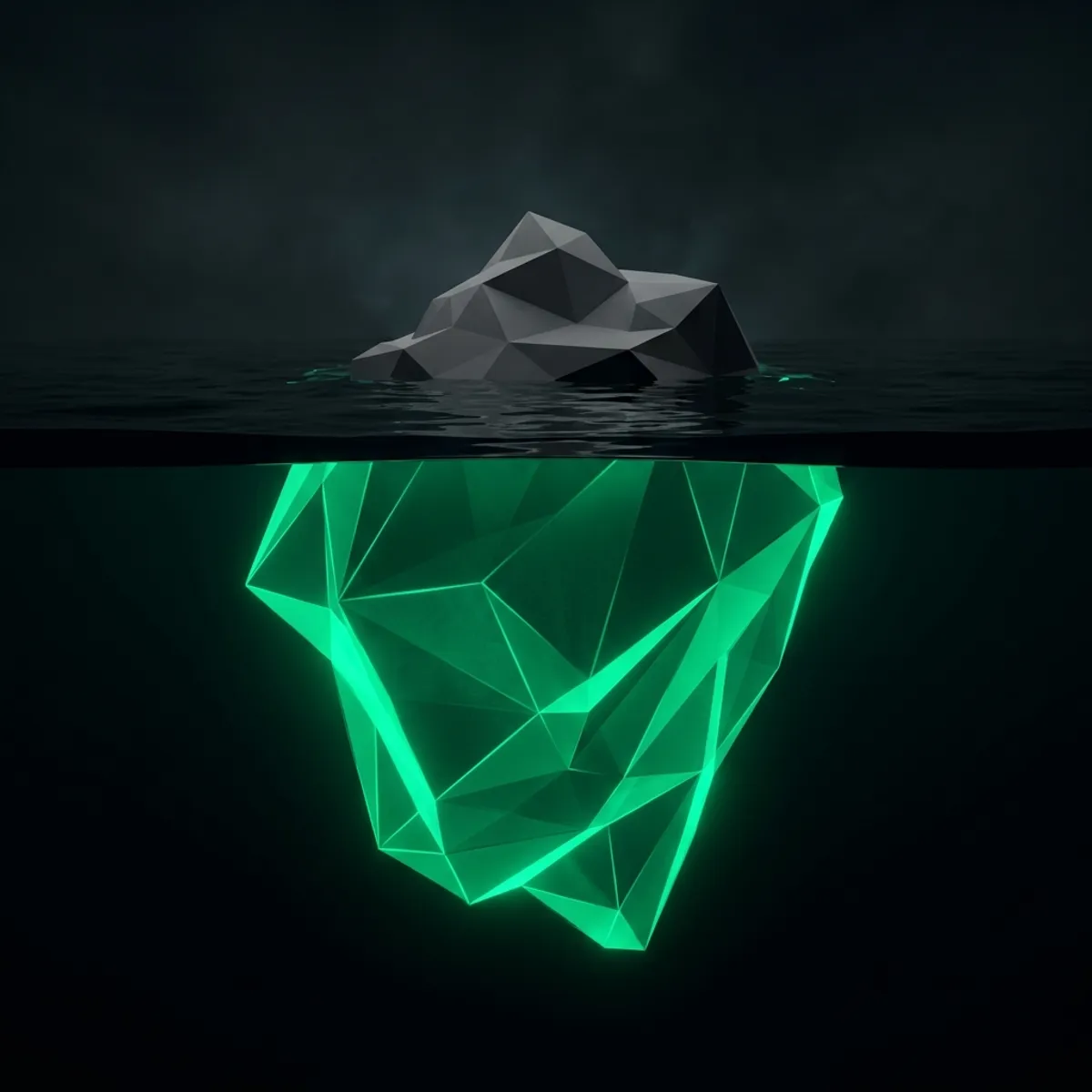 Iceberg geometrique : la petite partie visible represente le template, l'immense partie immergee bioluminescente represente le travail invisible de SEO et d'optimisation